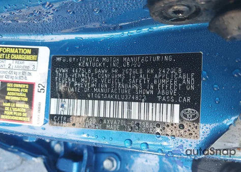 2020 Toyota Camry Se из США, поврежденный, VIN 4T1G11AKXLU374822